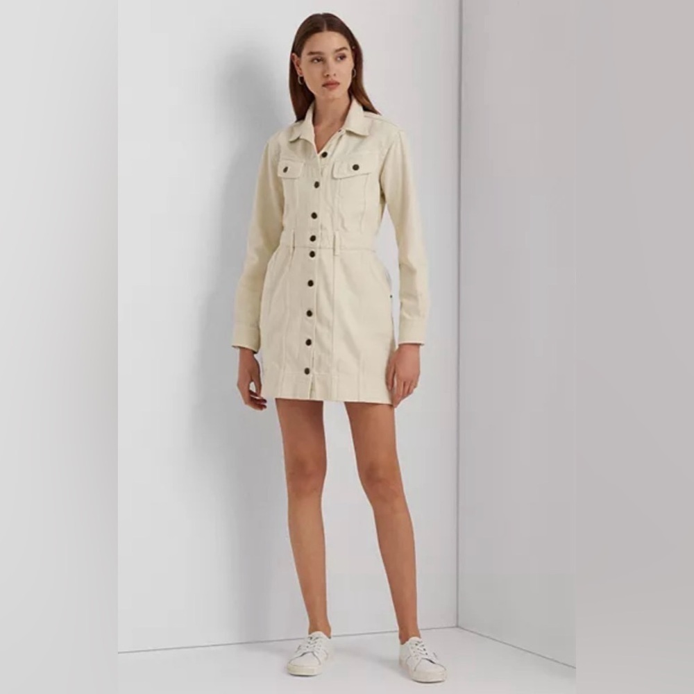 Lauren Ralph Lauren Denim Utility Shirt Dress Cream Women’s Size 6 Long Sleeve